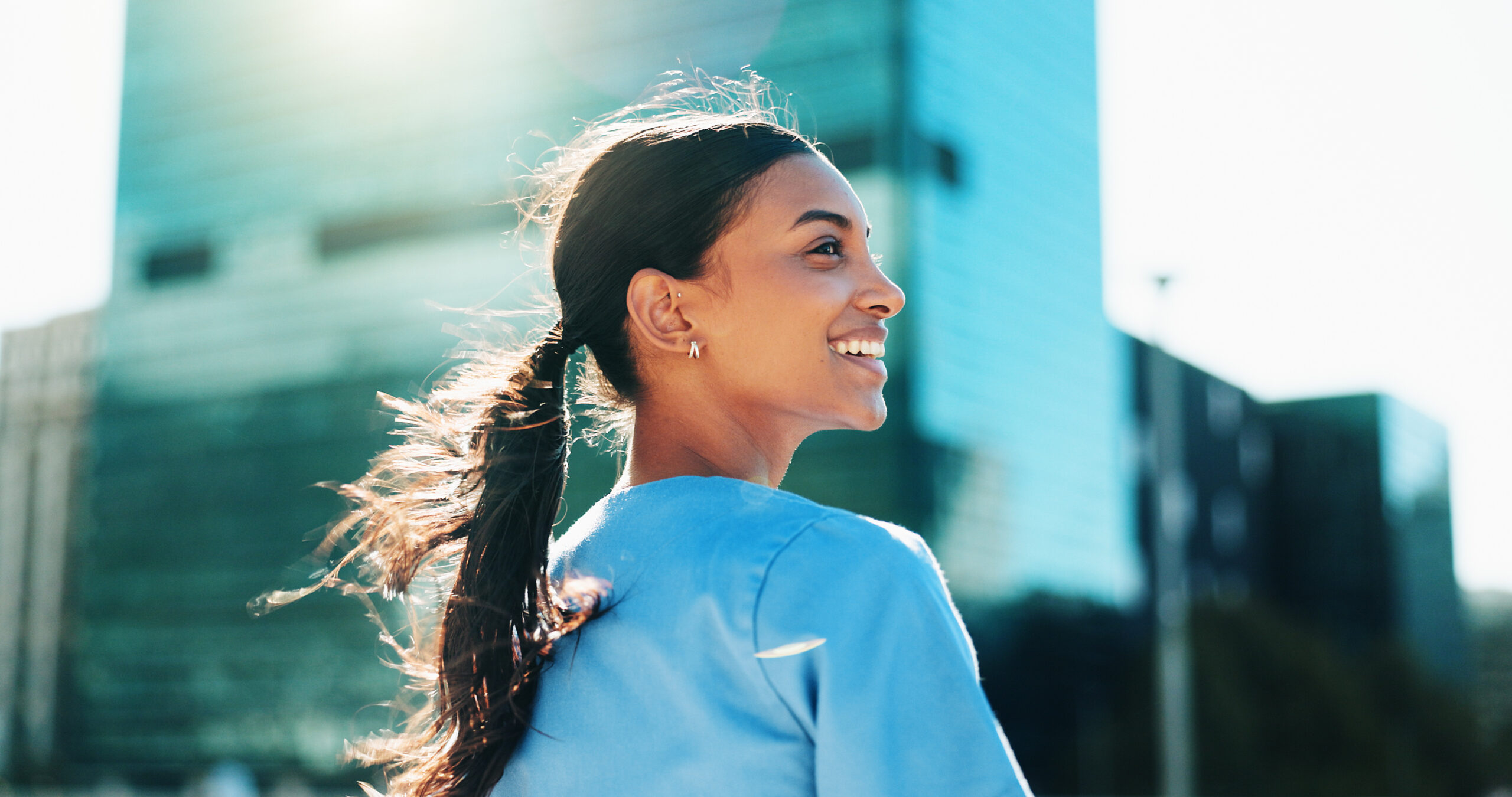 Smile, woman and nursing student in city for medical study, planning and ideas for healthcare opportunity. Thinking, person and morning commute with nurse internship, academic scholarship and program.