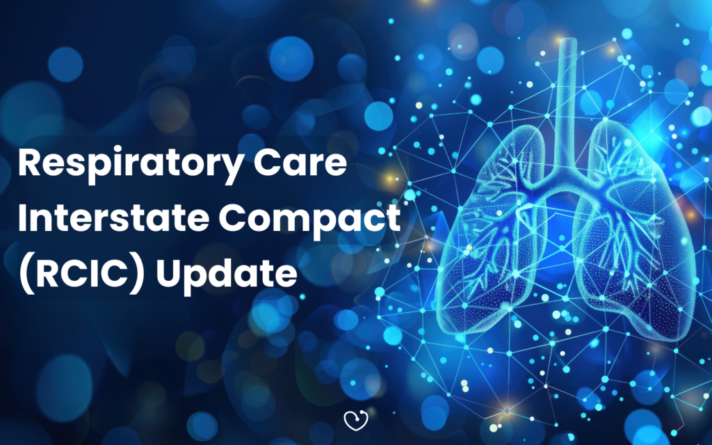 Digital illustration of human lungs formed by glowing blue network lines beside text reading “Respiratory Care Interstate Compact (RCIS) Update.”